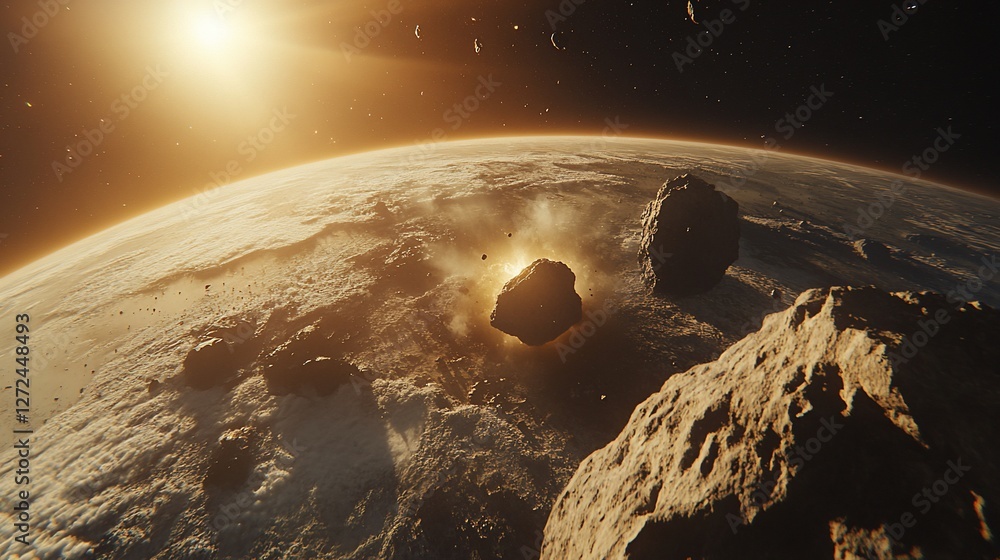 Poster asteroids impact a planet with glowing atmosphere in outer space viewed from close