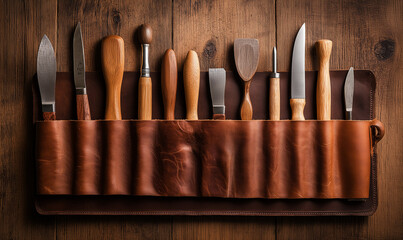 Handcrafted wooden carving tools organized in a tidy display evoke skilled artisanship and timeless craftsmanship