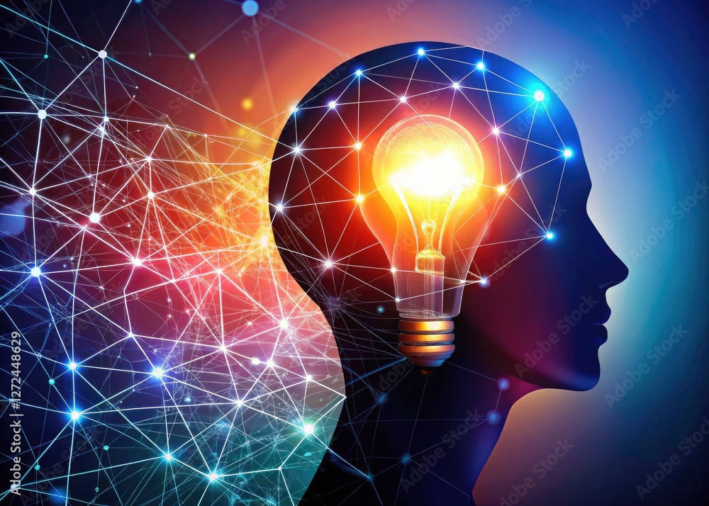 Poster creative brainstorming visualized: a head within a glowing lightbulb network represents interconnect