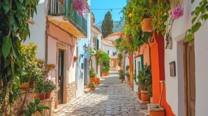 Fototapeta premium Colorful alleyway, Mediterranean village, vibrant flowers, sunny day, picturesque scene, vacation destination
