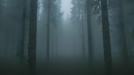 Fototapeta premium Foggy forest path, mysterious atmosphere, nature background, ideal for fantasy or thriller