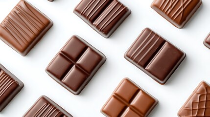 Obraz premium Assorted Chocolate Pieces on White Background for Sweet Treat Lovers