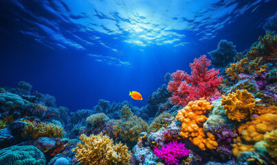 Fototapeta premium Stunning Underwater Scene Showcasing A Vibrant Coral Reef Teeming With Marine Life And Brilliant Colors
