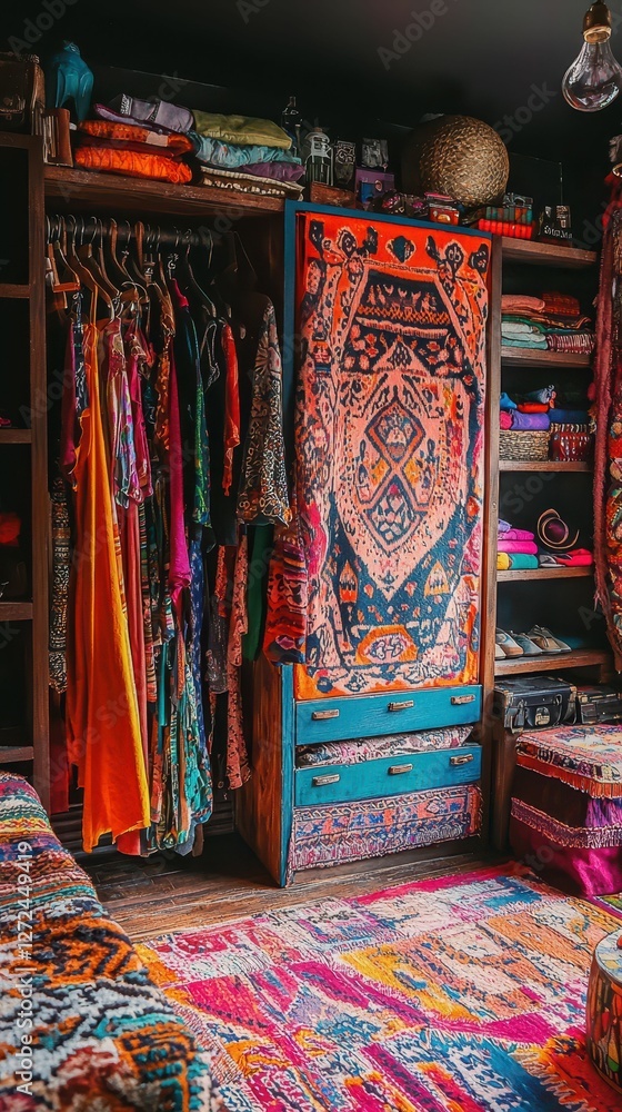 Poster vibrant bohemian wardrobe with colorful patterns and textiles