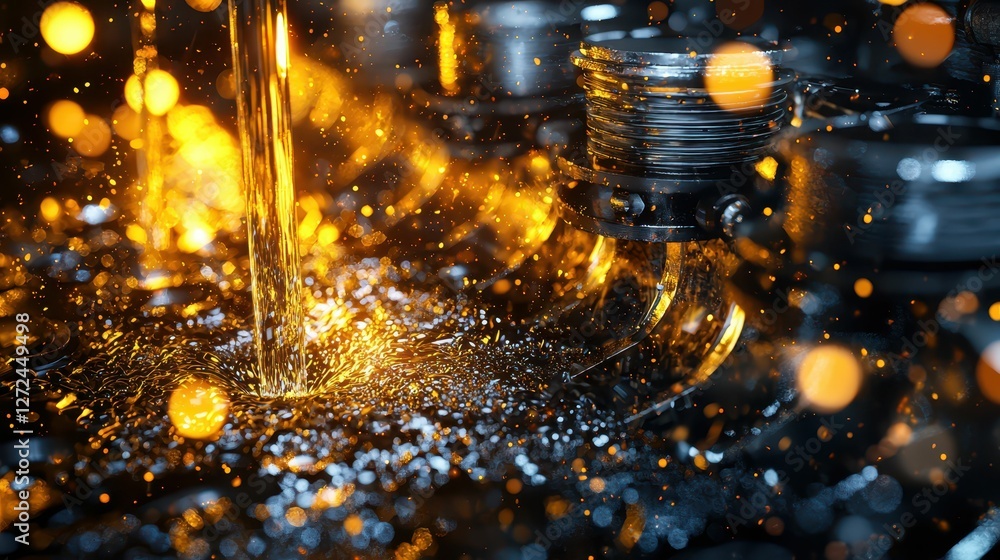 Poster dynamic flow of engine oil with sparkling bokeh effects