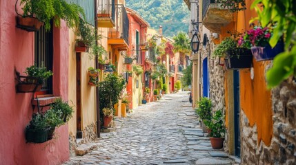 Fototapeta premium Colorful European Alleyway with Flowers and Buildings
