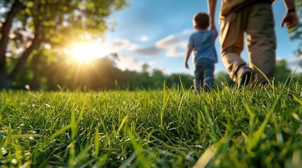 Naklejka premium Cheerful child playing and exploring in a beautiful lush green park or garden setting with their family capturing the joy and freedom of time spent in nature together