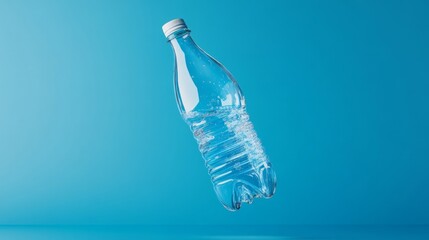 Transparent Plastic Water Bottle with Bubbles on a Blue Background in Studio Lighting