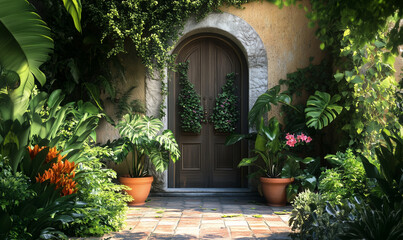 Fototapeta premium Grand Palatial Estate Entrance Featuring Decorated Doorway And Eco-Friendly Architectural Elements For Luxurious Sustainable Living