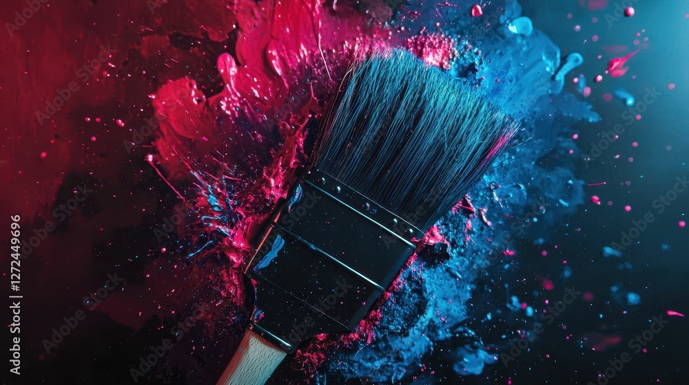 Poster dynamic paint splat with brush in vibrant colors and texture