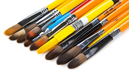 Fototapeta premium Colorful Paintbrushes Arranged in Neat Row on White Background