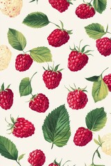 This vibrant wallpaper features a delightful array of fresh red raspberries scattered among lush green leaves, creating a refreshing and natural vibe