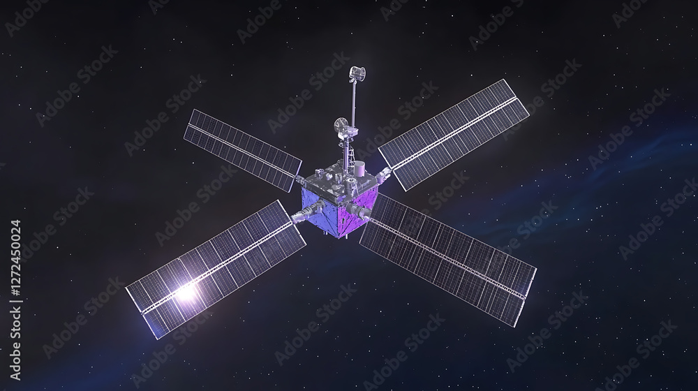 Poster space exploration probe satellite in orbit exploring the cosmos with solar panels and communications