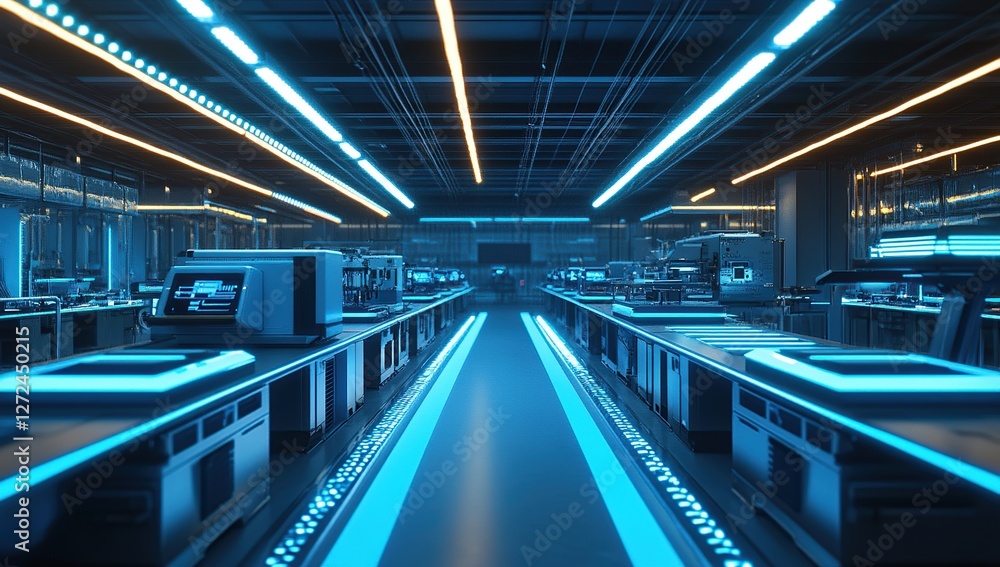Poster futuristic factory: exploring advanced automated production lines with neon lighting and sleek techn