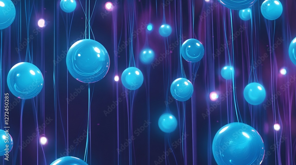 Poster abstract rendering of blue spheres on thin lines against a dark backdrop with blurred lights