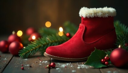 Cozy red shoe amidst ornaments, lights, & holly sprigs , red shoe, presents, season