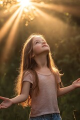 Girl Gazing Upwards Under Ethereal Sun Rays in Nature