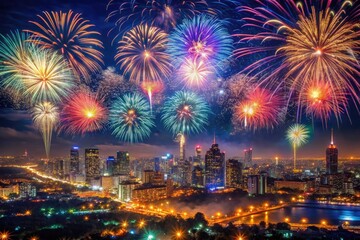 Fototapeta premium Dazzling fireworks illuminate the cityscape, a breathtaking New Year's Eve spectacle captured in night photography.