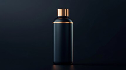 Elegant Black Bottle with Golden Cap on Dark Background Beauty Product