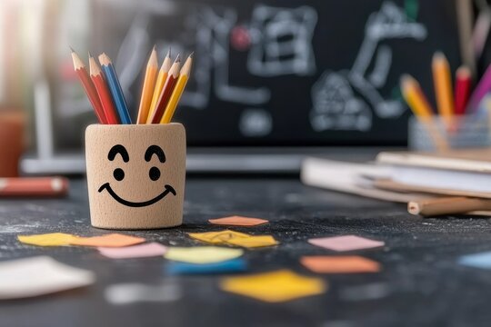 Smiling Cork Pencil Holder on Dark Desk with Colorful Supplies