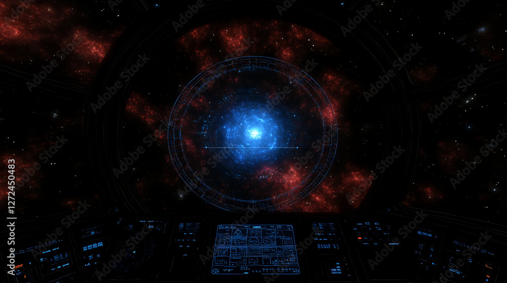 Poster spaceship cockpit view of a distant nebula exploration and navigation into the galaxy universe.