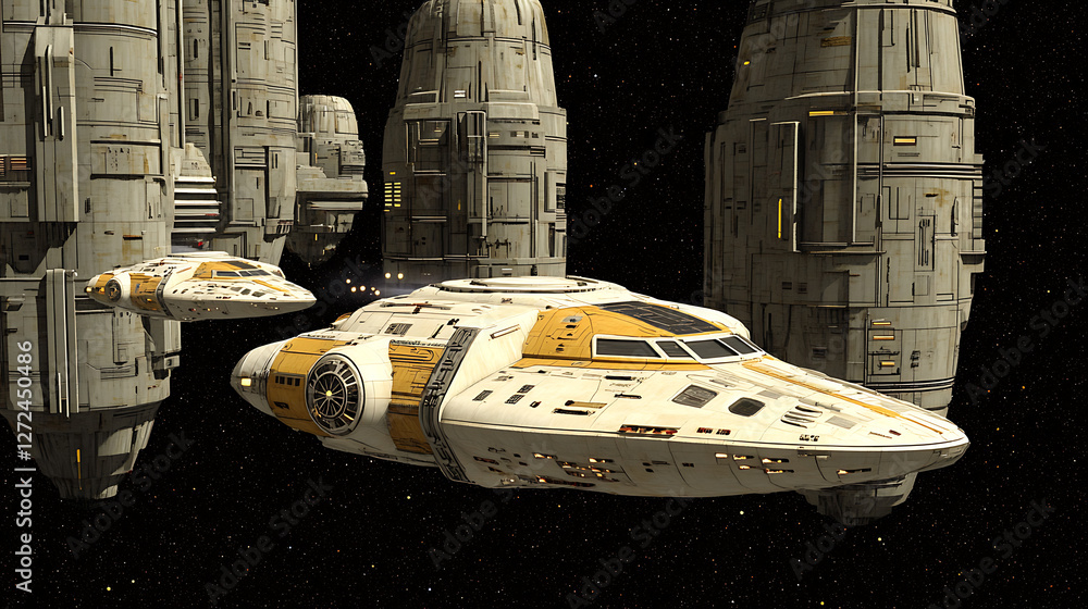 Poster spacecraft rendezvous at orbital facility amidst stars and celestial structures in outer space.