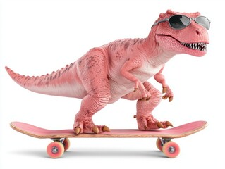 A playful pink dinosaur wearing sunglasses skateboards on a pink skateboard
