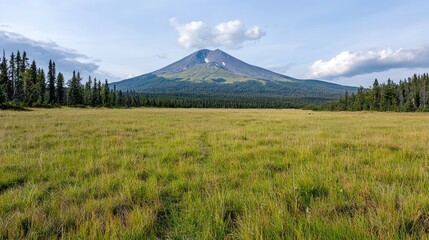 Fototapeta premium Majestic volcanic mountain peak rises above a lush green grassy meadow surrounded by dense pine forests.