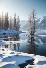 Obraz premium Fjord landscape with snow-covered trees and frozen lake, winter wonderland, calm atmosphere