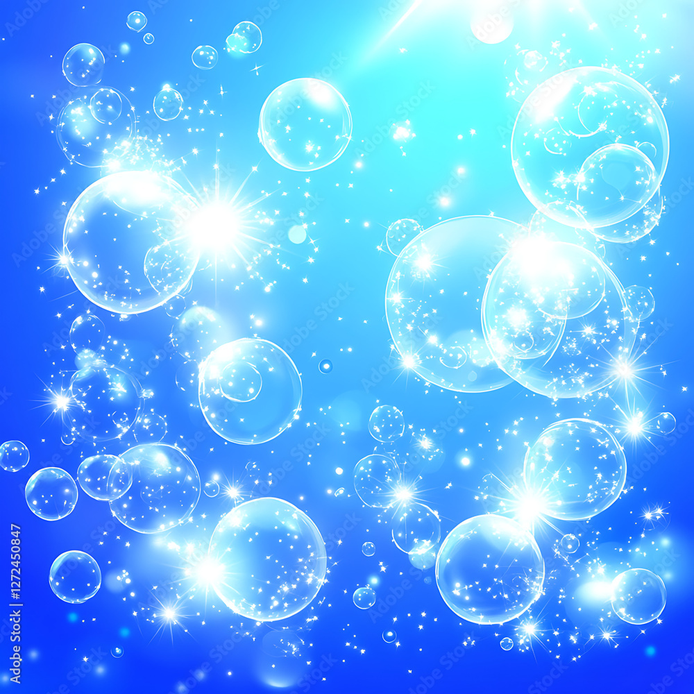 Poster sparkling bubbles on blue gradient background with bokeh effects and starburst light bursts.