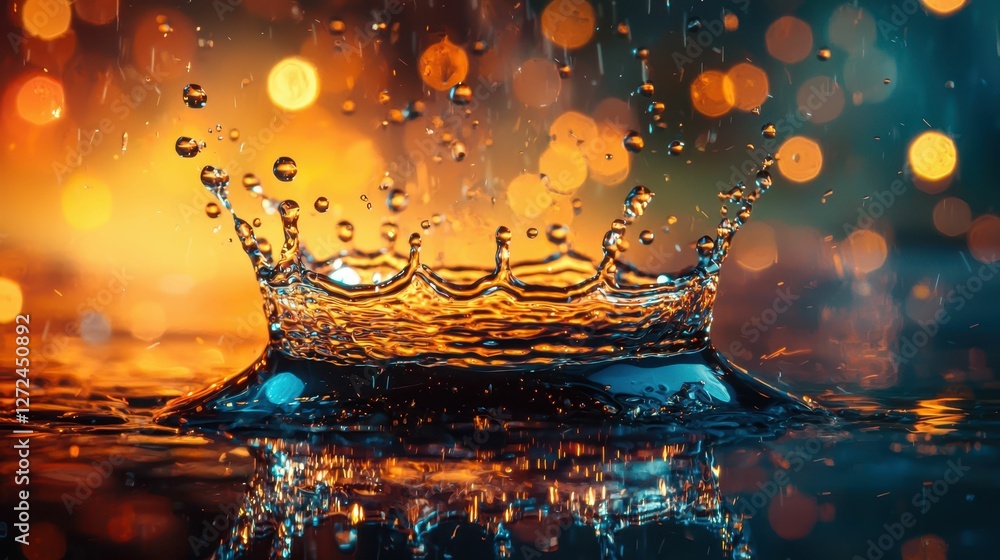 Poster creative macro shot of liquid splash with colorful bokeh background
