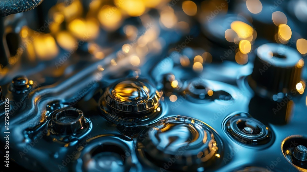 Poster creative macro view of engine oil with bokeh effect and reflection