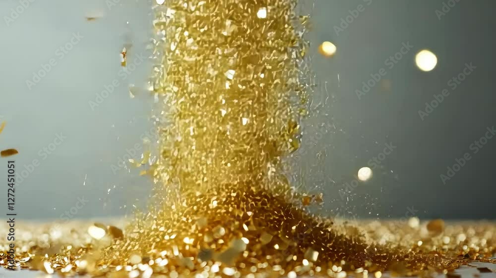 Poster golden glitter cascading down in a shimmering display, creating an enchanting atmosphere in a bright