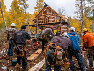 Construction Crew: A dedicated construction crew meticulously works together on a timber-framed house.