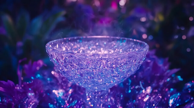 Sparkling Glass Stemware on Lush Foliage with Steaming Elixir in Magical Ambiance.