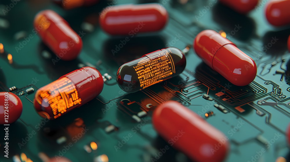Poster tech-inspired scene with red capsules & circuit board texture