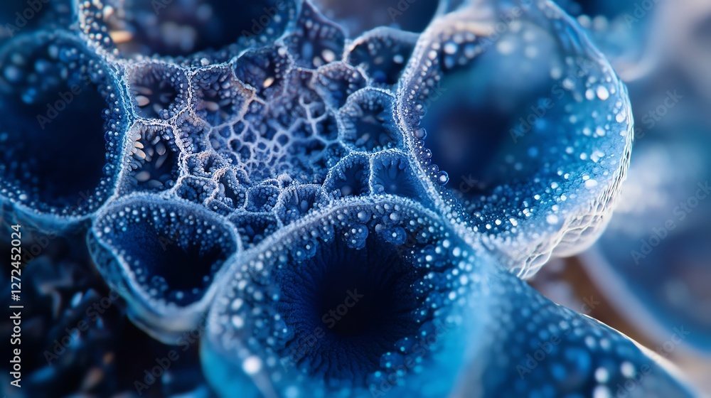Poster intricate blue cellular structure displaying droplets and textures under microscopic view