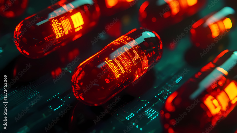 Aufkleber tech-inspired capsules with led displays on circuit board background