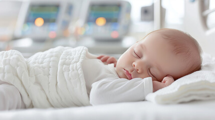 Serene Slumber: A newborn baby lies sleeping peacefully, wrapped gently in soft blankets, radiating innocence and tranquility, set against the backdrop of a neonatal intensive care unit.