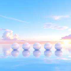 Spheres Reflecting Dreamy Sky Scenery in Serene Water Surface Digital Art Peaceful and Calm Aesthetic.