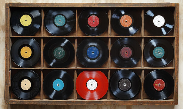 Curated Collection of Vinyl Records Neatly Organized on a Sleek Shelf Evoking Retro Music Vibes