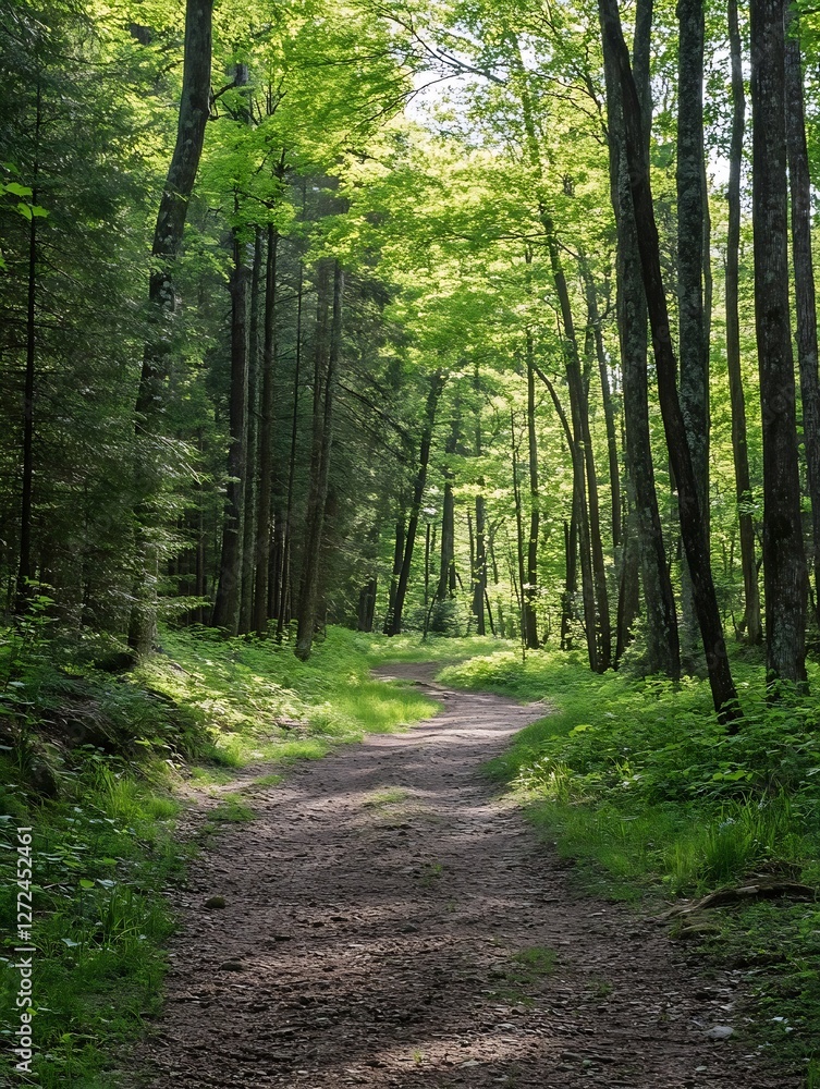 Poster Lush green forest path with sunlight filtering through trees creating a peaceful vibe : Generative AI