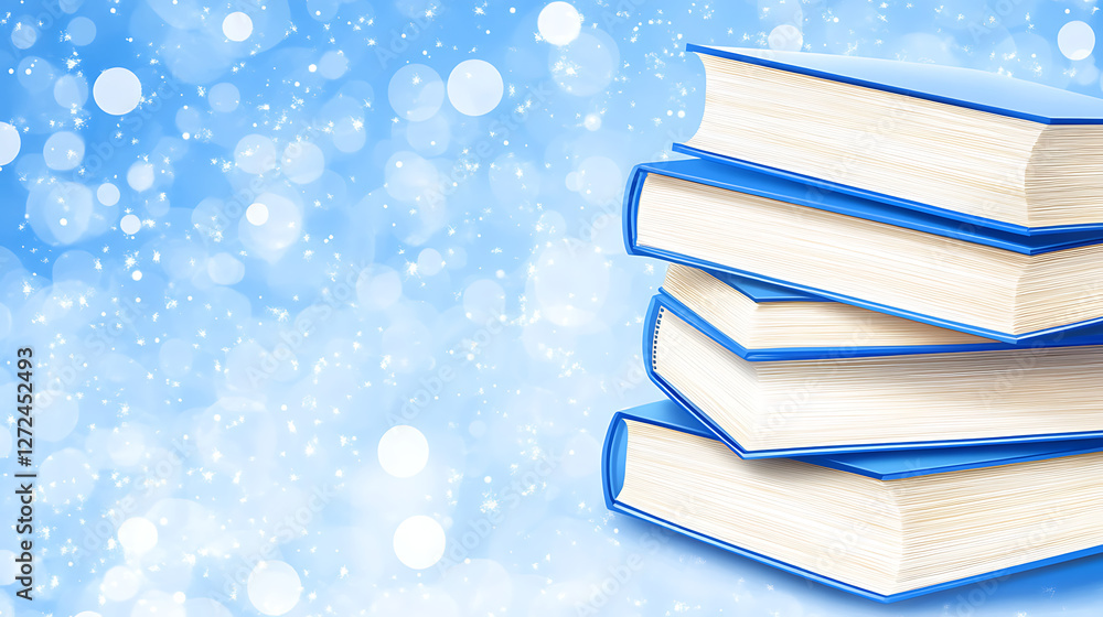 Poster stack of books on a light blue background with bokeh effects and sparkling elements education concep