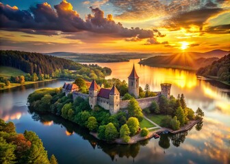Majestic Medieval Castle on Serene Lake at Sunset - Epic Landscape Photography