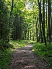 Fototapeta premium Lush green forest path with sunlight filtering through trees creating a peaceful vibe : Generative AI