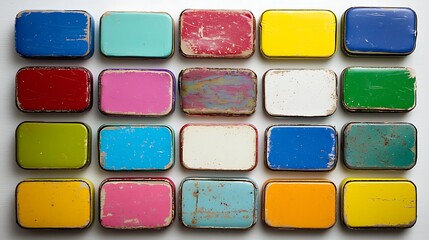 Vintage Colorful Paint Cans Arranged on White Surface Background