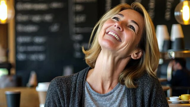 Portrait of smiling middle aged woman, blonde hair with shoulder length bob hairstyle standing in front coffee shop counter, generative AI