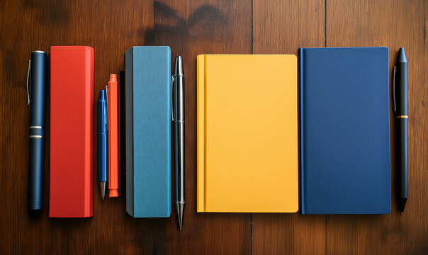 Curated collection of personalized notepads and pens arranged artistically, inspiring creative office organization and productivity