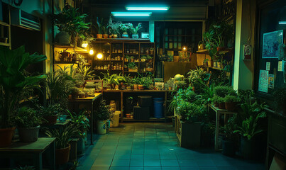 Charming plant shop illuminated with vibrant green lighting, offering lush surroundings and nature-inspired retail experiences