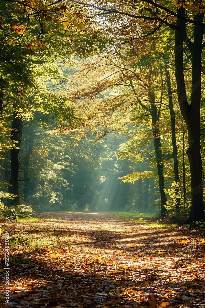 Poster serene pathway through a beautiful autumn forest with sunlight filtering through trees : generative 